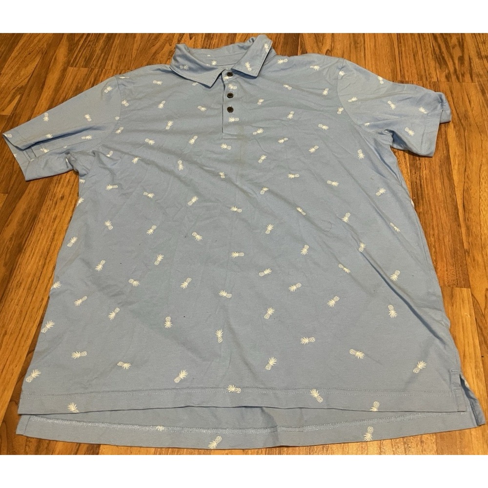 George Polo Shirt Mens Large Blue Pineapple Print Cotton Blend Tropical Casual